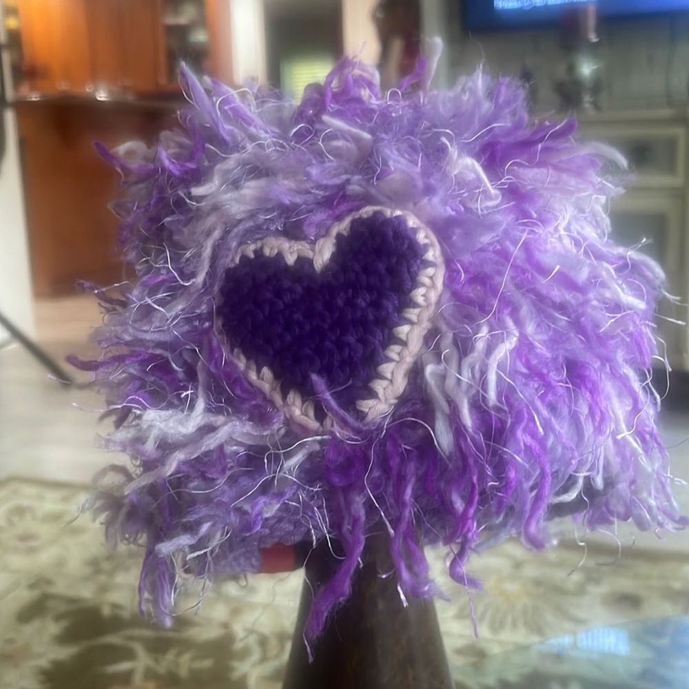 ZOONI Purple Heart Reign beanie MopTop hat Crochet Knit